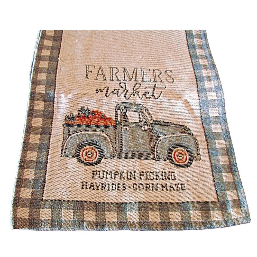 Farmers Market Fall Pumpkin Truck & Blue Check Border Long Table Runner 68x12.5"